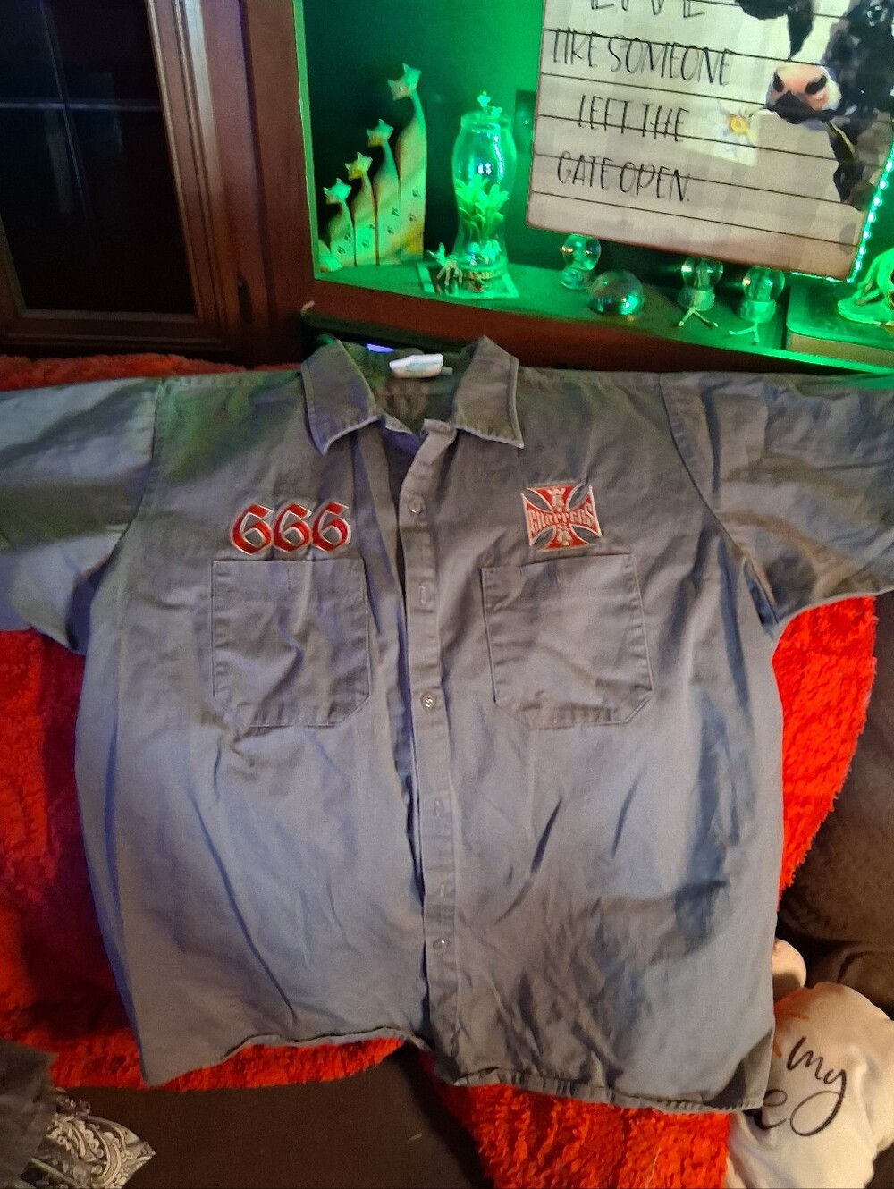 Grey Work Shirt with Embroidered '666' and Patch